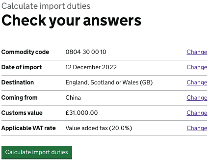 validation information douanes UK