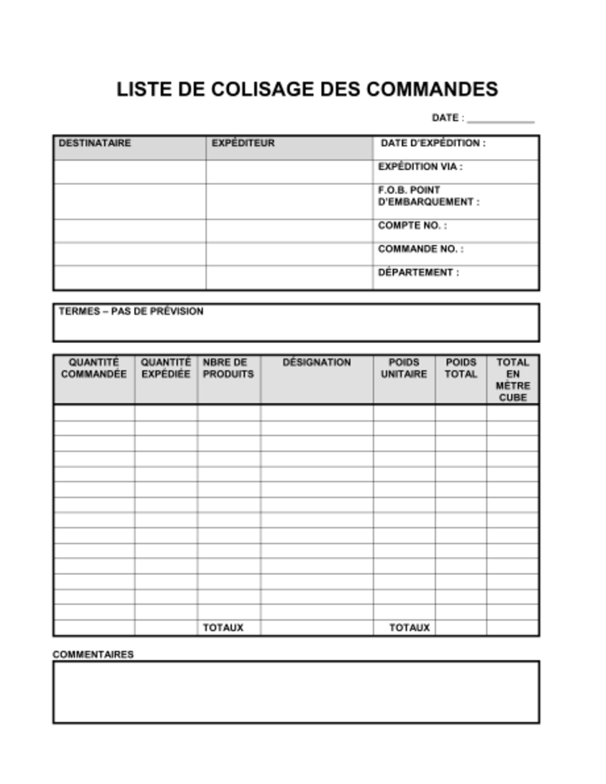 Exemple de liste de colisage