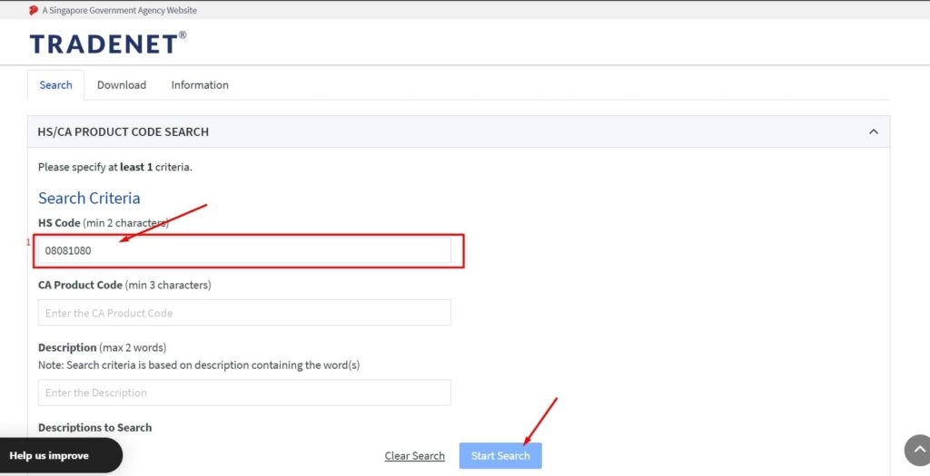 recherche produit avec hs code singapour